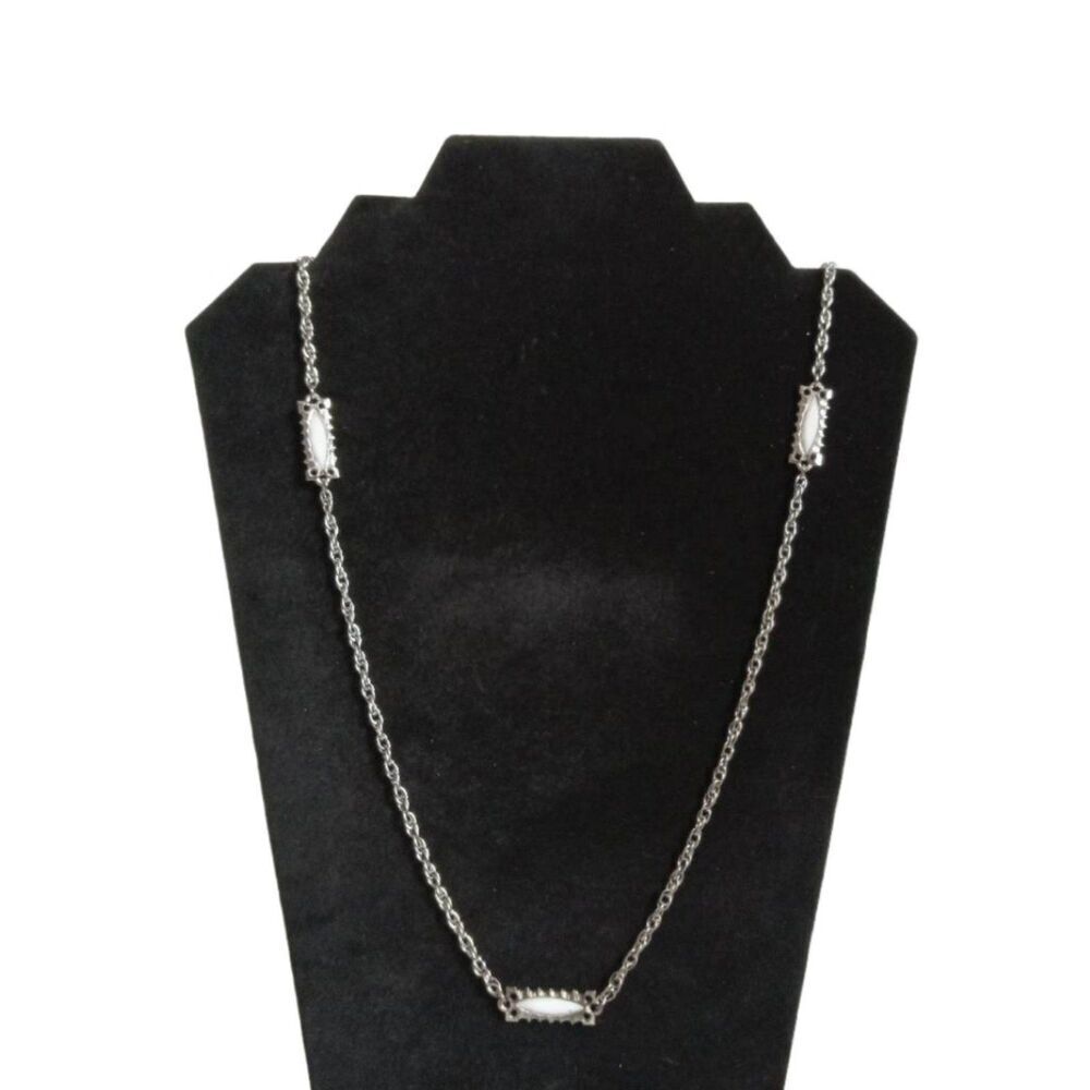 Solid White & Silver Toned Metal Rectangle Accents Long Length Layering Necklace